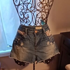 YMI Faded Blue Distressed Denim Shorts with Star & Stripe Pockets